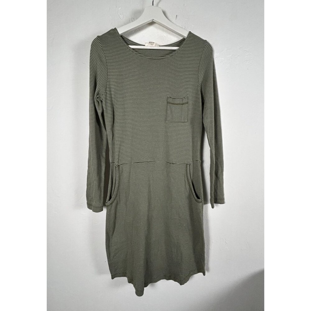 Synergy Women Organic Cotton Striped Long-Sleeve Dress with Pockets Olive Medium
